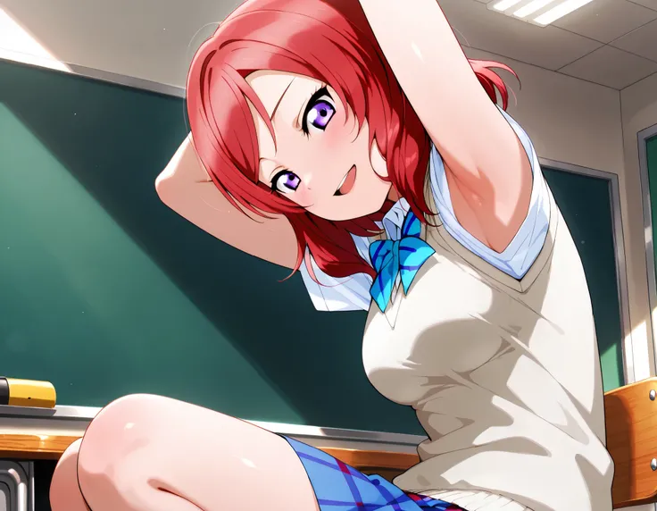 lovelive_maki,
sweater vest, short sleeves, blue plaid skirt, blue stripe bowtie, breasts, red hair, medium hair, purple eyes

,BREAK, armpit, arms over head, focus on armpit,
smile, ,scorn,open mouth, (cheerful),looking down at viewer,\(red blush\), embar...