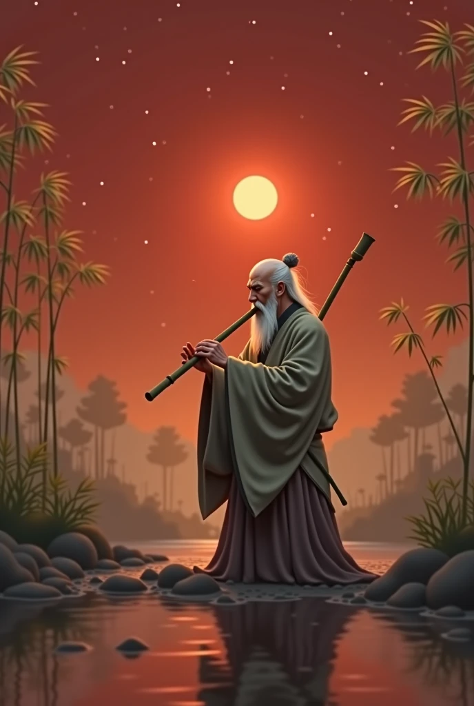 (Starry sky background:1.2)、A cool sound echoes from the bamboo forest..、elder, Bamboo Spirit, Playing the bamboo flute.、The bamboo leaves rustle to the melody、drop down.、The elder is wearing strange clothes., Resembles both a Japanese kimono and a hermit&...