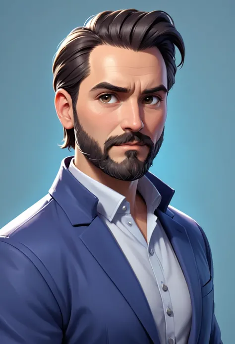 
middle-aged man with tied-back ponytail hair and well-groomed beard, wearing casual modern jacket with high collar covering neck, digital paint look, painting 3D, casual game style, front light lighting, solid background portrait

