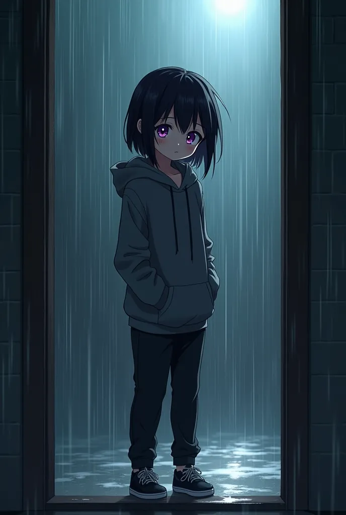 Anime illustration of a girl with dark gray hoodie by the doorstep and under the rain, black sweatpants, soaking wet, has black hair, purple eyes