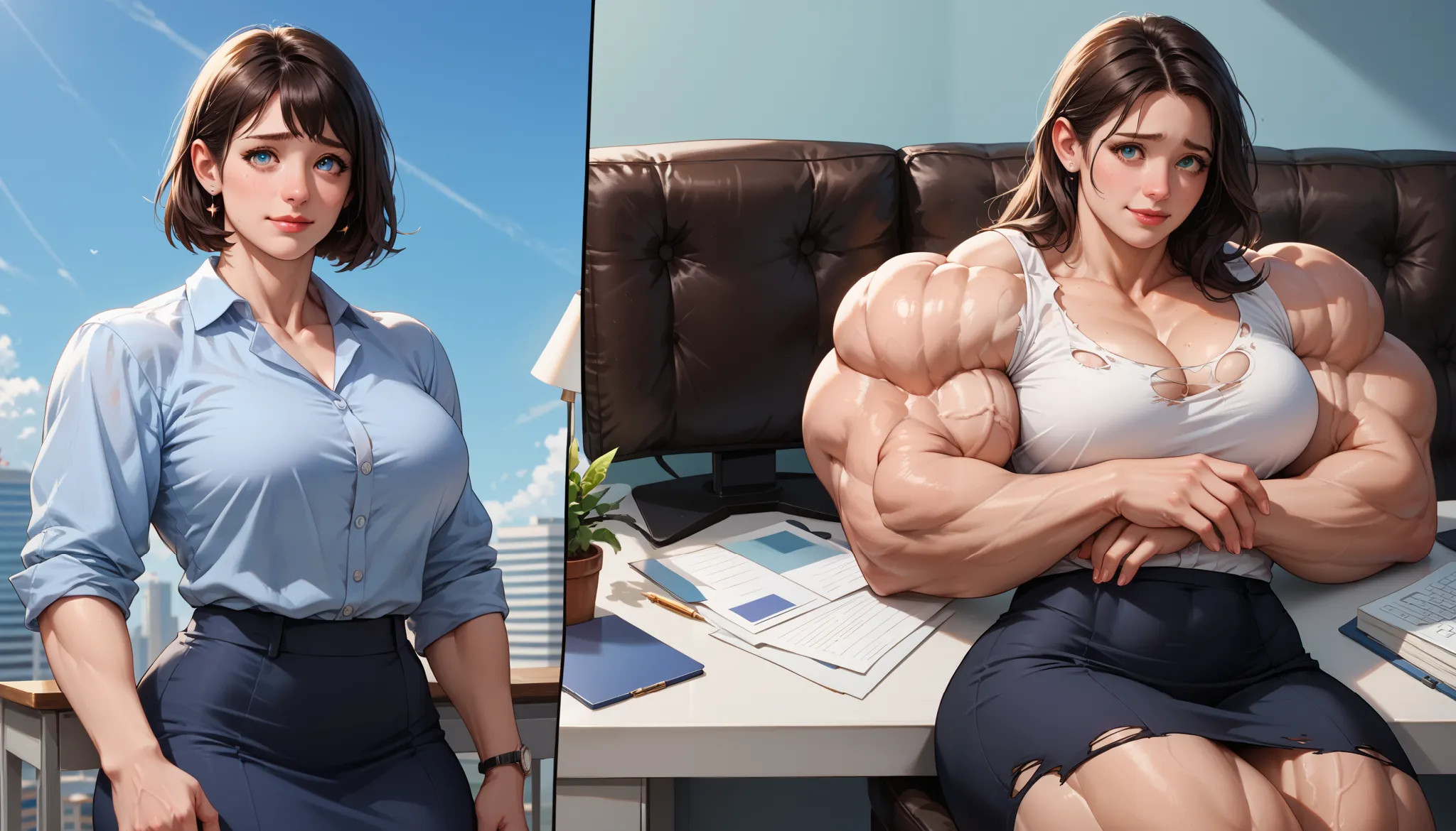 Score_9, Score_8_up, Score_7_up, Score_6_up, ,masterpiece,best quality,amazing quality,very aesthetic,high resolution,ultra-detailed,absurdres,newest, , 1 Girl,  worried,torn clothes,, office lady , Compare before and after ,  muscle growth, hyper muscle, ...