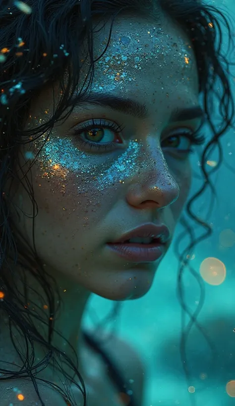 an extremely detaild face of a mermaid, vibrant colors, night, Picturesque, idyllic, work of art, best qualityer, (ultra quality:1.3), masterpiece, (highly detailed), HDR, 8K, (depth of field), sharp focus, soft shadows. she is facing the camera.