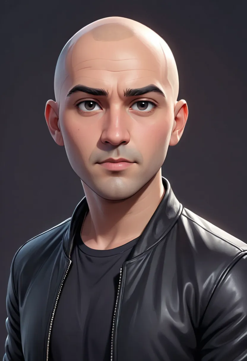 
serious bald man wearing black leather jacket and simple crew neck t-shirt, casual modern style, digital paint look, painting 3D, casual game style, front light lighting, solid background portrait

