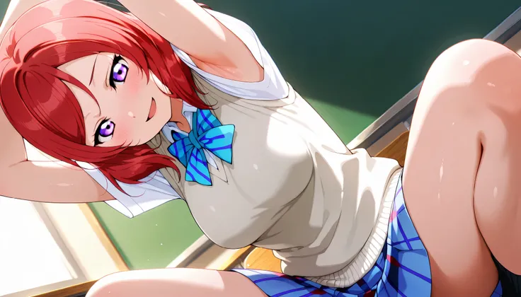 lovelive_maki,
sweater vest, short sleeves, blue plaid skirt, blue stripe bowtie, breasts, red hair, medium hair, purple eyes

,BREAK, armpit, arms over head, focus on armpit,
smile, ,scorn,open mouth, (cheerful),looking down at viewer,\(red blush\), embar...
