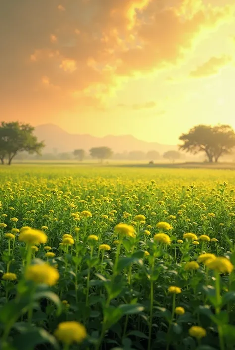 Scene, pan camera showing india Rajasthan fields of fenugreek, warm colors sky yellow and orange hue