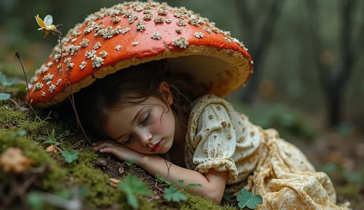 And Sylvia,  sleeps under a mushroom curled up , Sylvia was lying a little  girl
Her dress, just yesterday his bright, was now dirty in mud and torn in several places. The skin on his thin legs was scratched, lips cracked, his cheeks turned pale,  almost t...