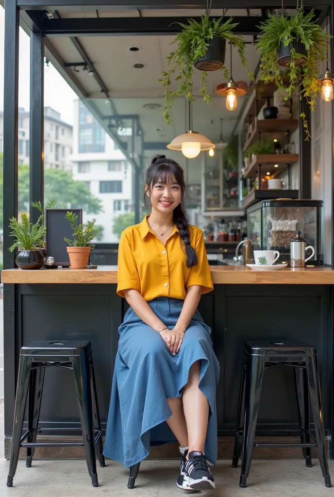 Real portrait. A beautiful 25-year-old Indonesian woman. With black hair tied in a ponytail with a fringe in front. Wearing a yellow blouse. Wearing a blue jina skirt. Wearing black and white Nike shoes. She sits with a thin smile while looking at the came...