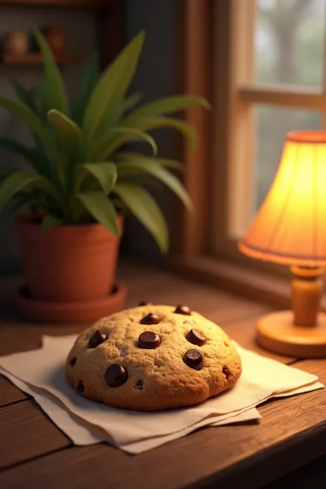 A brownish cookie, brown, Chocolate drops on, The cookie on a wooden table, small table lamp next to it and a potted plant 