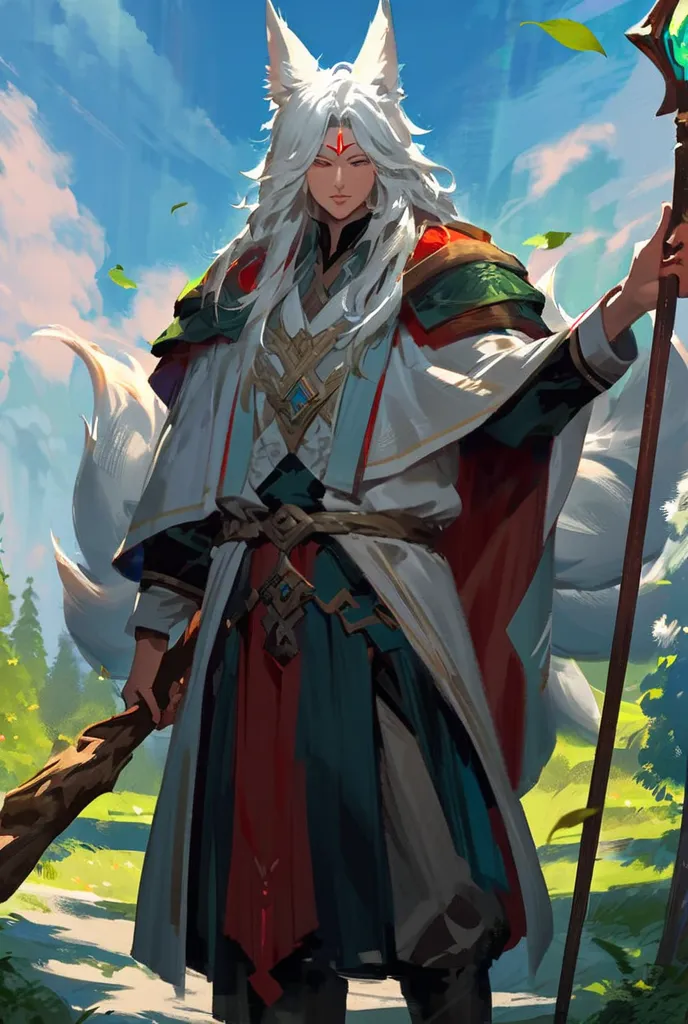 A male kitsune wizard holding a staff 