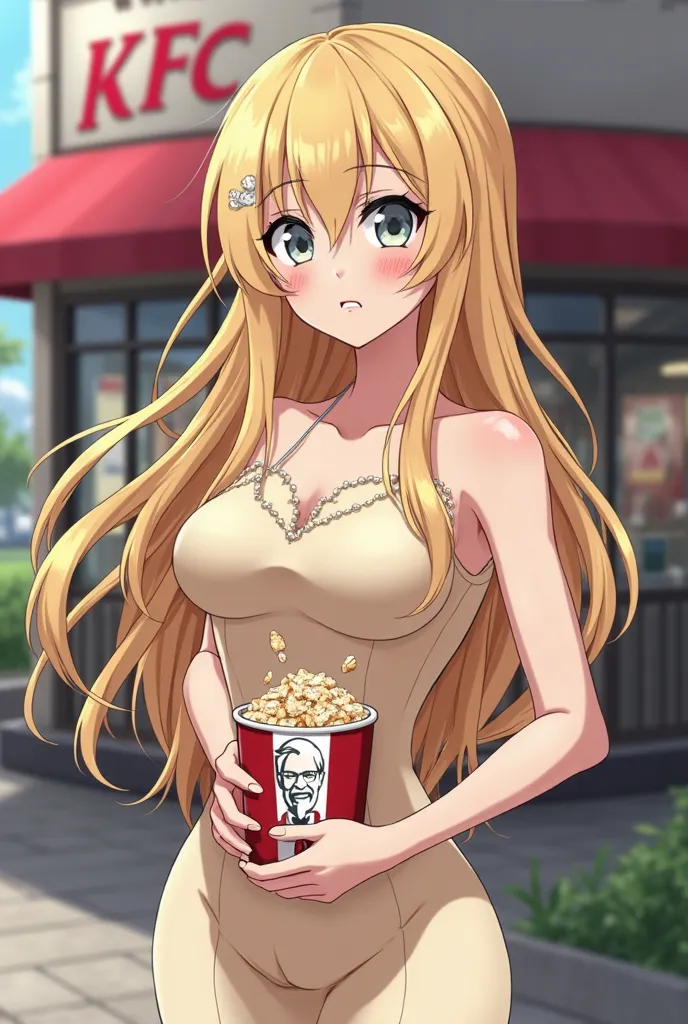 A  tsundere anime girl with long yellow hair and grey eyes, wearing a cream-colored dress,make the girl look  and sexy,perfect body,she is holding KFC Bucket Infront the KFC shop, she looked so scared and 