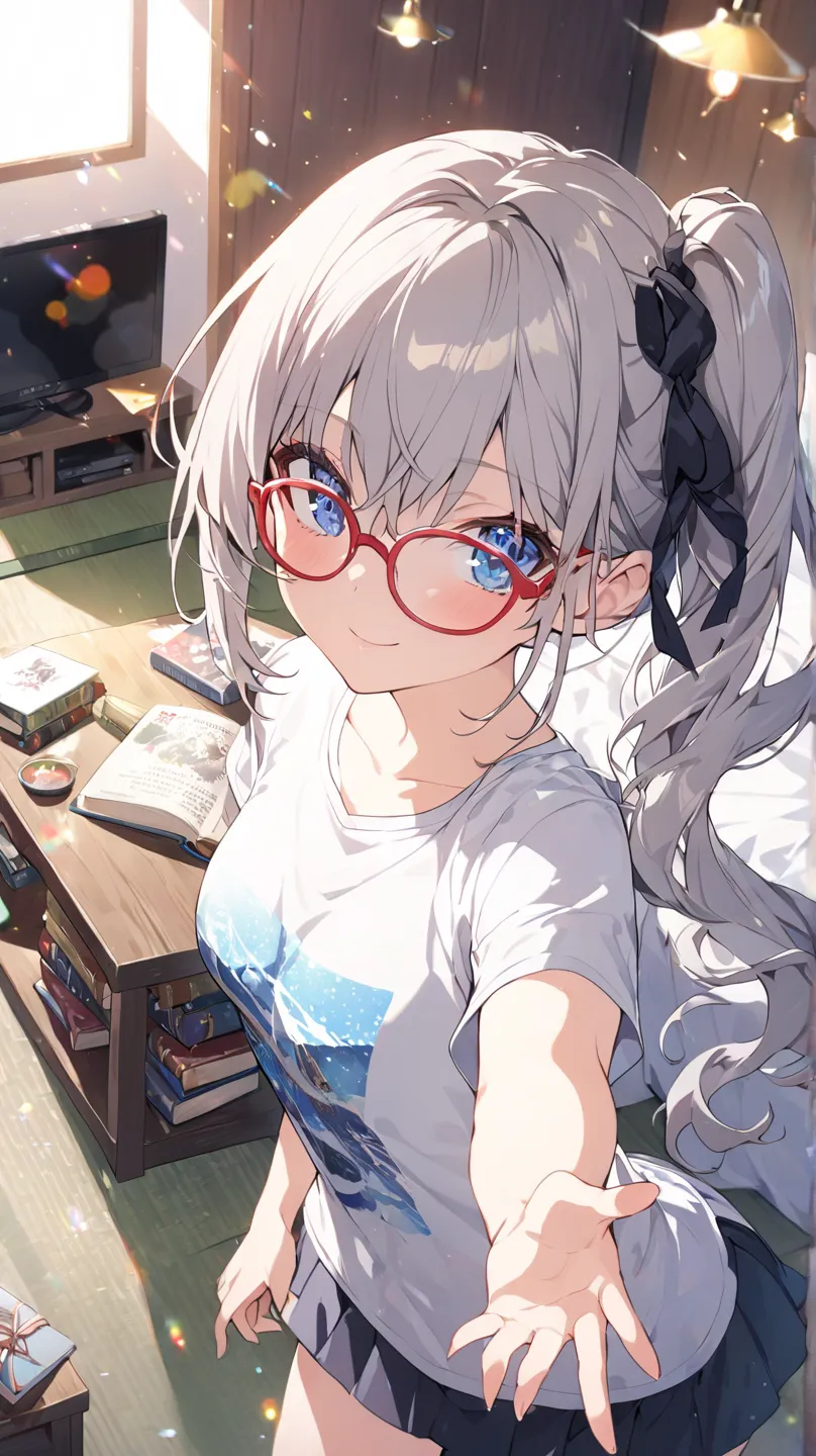 1 girl, room、tv set、Books棚、 table、pillow、仰向けに寝ながらBooksを読む、tatami、Books、flower、blue eyes, Grey Hair、 red rimmed glasses、side ponytail、t-shirt、miniskirt、from above、Dutch Angle, glitter effect, blurred background, lens flare, 