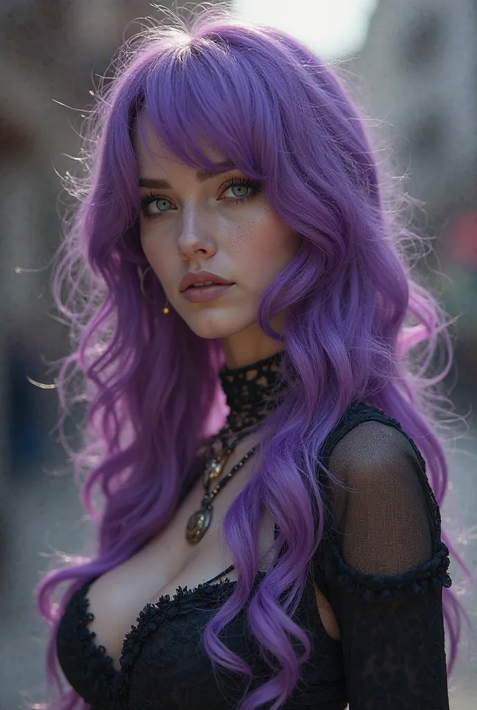 Women joven,  thin, curvilinear,  long purple hair, white skin, fine features, punk style, realistic,ultra quality,HD,sexy,portrait,Women,figure, Facial details ,posture,expression,action,Ambient Background ,material effects,atmosphere,lighting treatment,e...