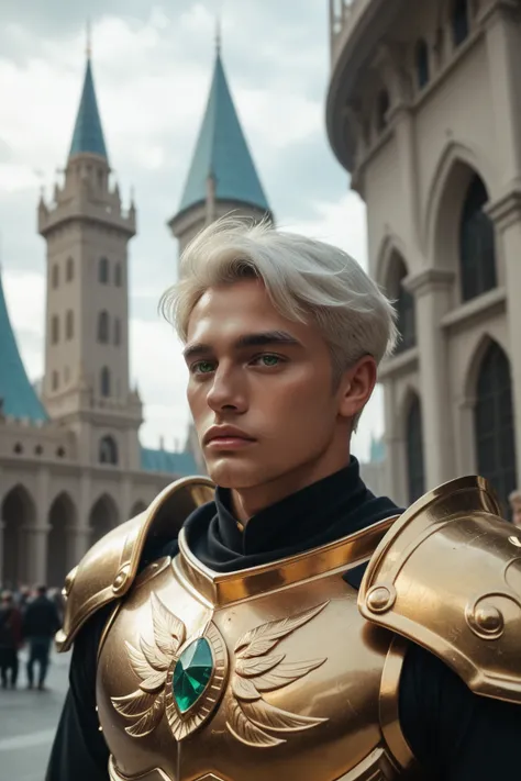  Masterpiece , top quality , 1 man, with dark skin, huge shiny wings, green eyes, golden armor , Scenario from the fantasy Celestial City , Short white hair, In the background of a heavenly city several golden towers and crystalline front profile 