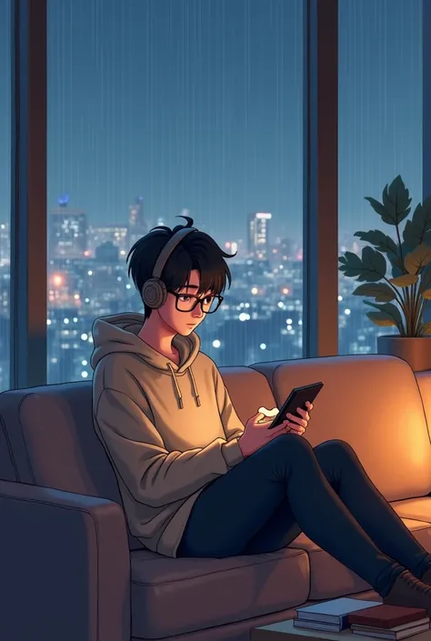 "An anime-style young man sitting on a cozy sofa in a modern living room with large glass windows. He wears a comfortable hoodie and headphones, holding an iPad and reading with focus. The rainy cityscape outside is visible through the glass, with raindrop...