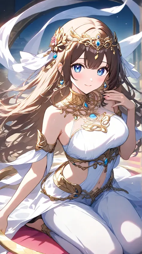 high quality　best image quality　Super Detail　high quality　4k 8k white dancer 　long brown hairstyle　  pink flower hair ornament  　 medium breasts　 　  smile face　seiza　Embarrassed face