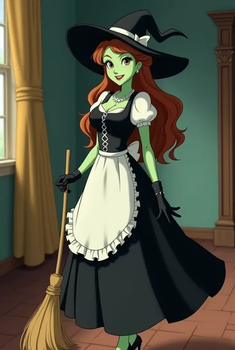 Belle is a character from Beauty and the Beast. Anime style. She has emerald green skin. She has brown hair. She has a slim feminine adult figure and big breasts. She is wearing a black witch hat, a cute maid dress with puffy white sleeves, white apron, an...