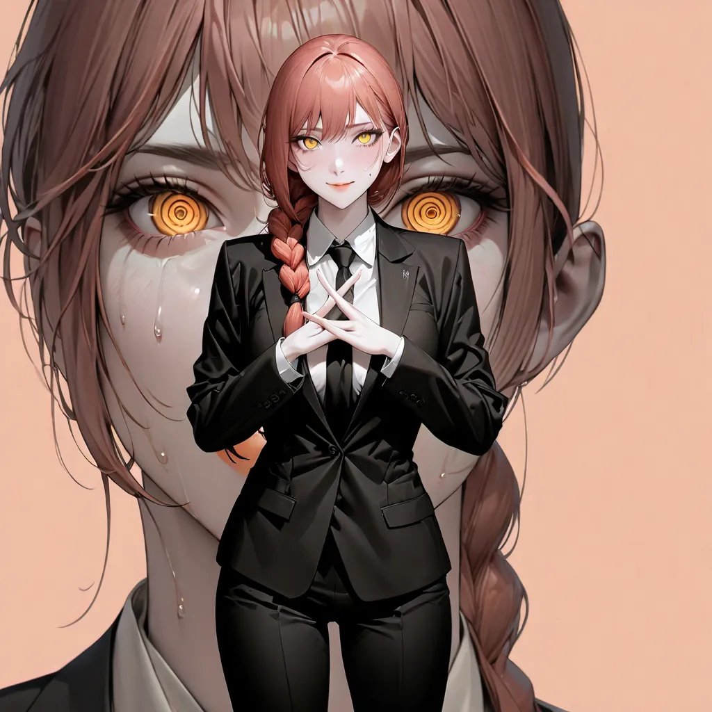 A young and beautiful woman , Makima in Chainsaw Man(Best Quality,extremely detailed depiction,incredibly high resolution,anatomically accurate depiction),(woman in suit with jacket off, black pants ,Slender and sober body,black tie),sweat,(highly detailed...