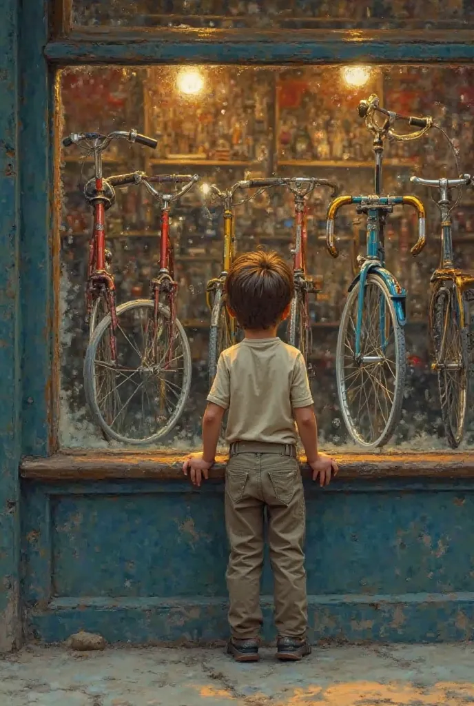 Create a picture of a boy standing looking in a bicycle shop with a longing gaze