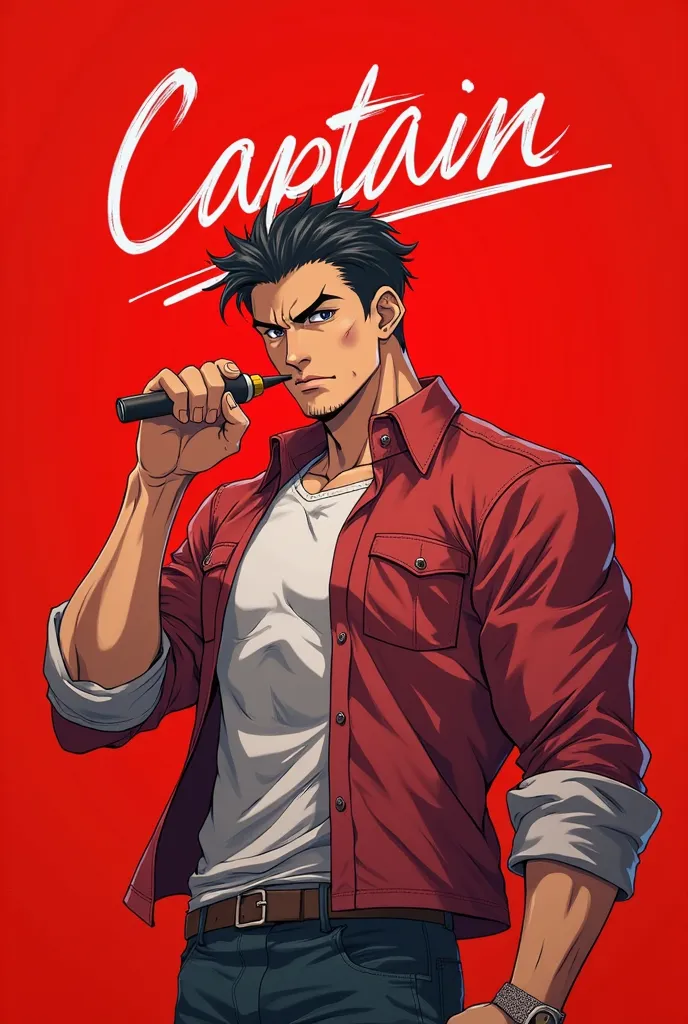 Let a charismatic anime character with a red background write Captain on the wall a little more muscular man 
