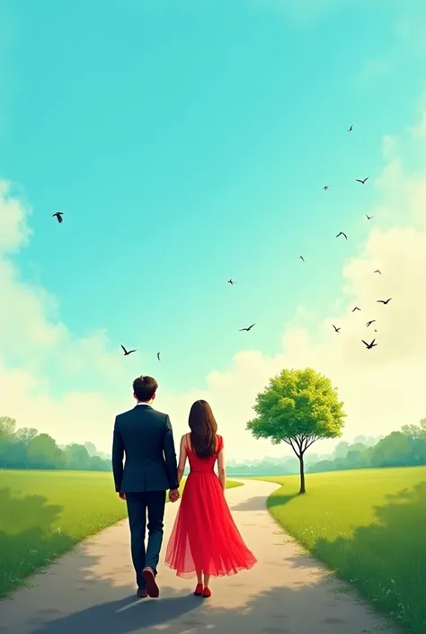 "A young man and woman walking together in a peaceful park. The man wears a sleek black suit, while the woman is dressed in an elegant red dress. They walk side by side on a paved path, with a single tree standing beside the road. The sky is a vibrant blue...