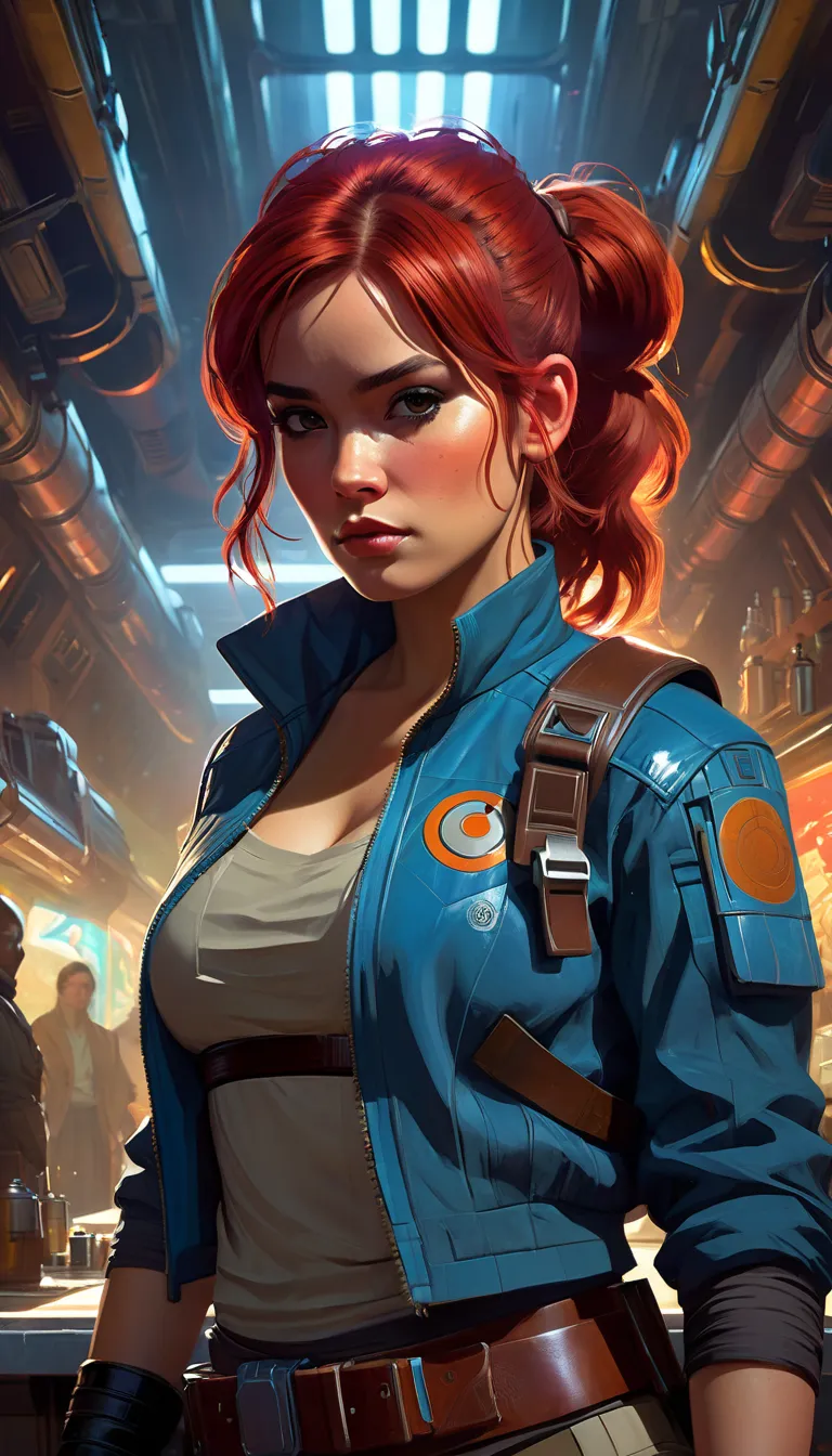 Star Wars; a female human smuggler; red hair tied into a pony-tail; brown eyes; grungy skin; blaster pistol; starship captain; muscular; huge boobs; blue jacket; black tactical belt; inside a Cantina; In the style of Pino Daeni, jj fu, Dan Mumford, Greg Ru...