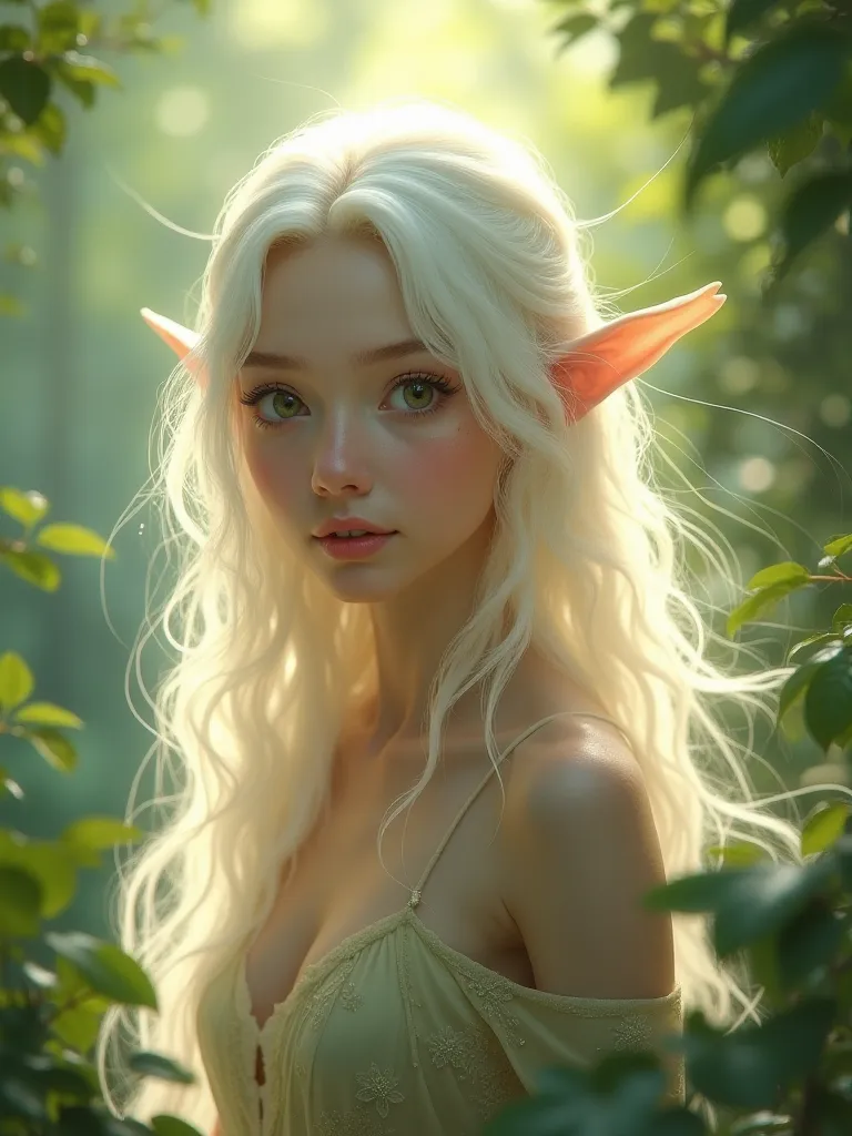 realistic hd quality young adult female fairy  with long white wavy hair, dark green eyes light skin , 