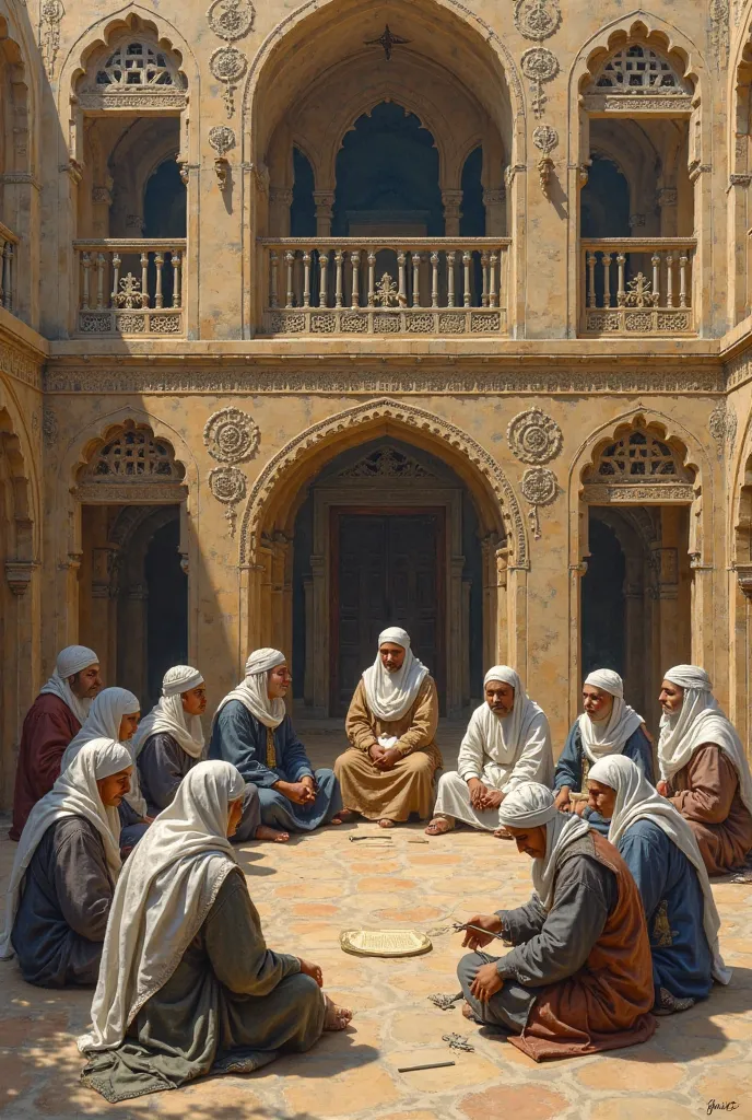 Title: The Educational Circle at Al-Azhar School in Historical Cairo (circa 1350)

In the mid-14th century, Al-Azhar School in historical Cairo emerged as a vital center for Islamic scholarship and education. The educational circle, or Halqa al-‘Ilm, playe...