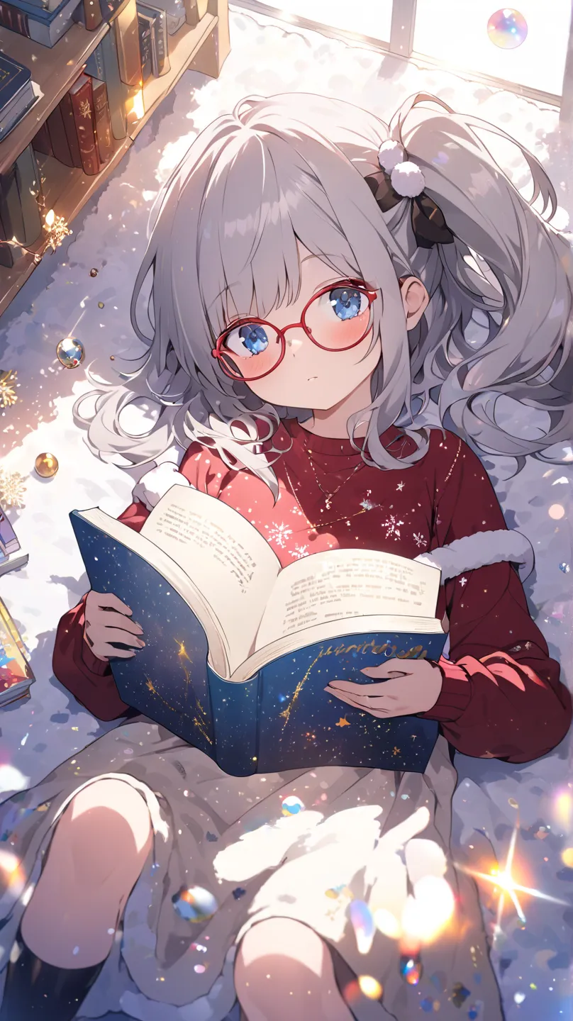 1 girl crouching, room、Read a book while lying on your back、blue eyes, Grey Hair、 red rimmed glasses、side ponytail、t-shirt、miniskirt、from above、Dutch Angle, glitter effect, lens flare, 