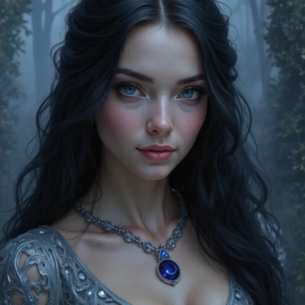  Exellent Abstract :: A close up 2/3 headshot portrait, 8k resolution concept art portrait of a gorgeous Norse Goddess, with long, silky black hair. Deep blue eyes, subtle smile. Her elegant silver dress is complemented by a sparkling sapphire pendant. Déc...