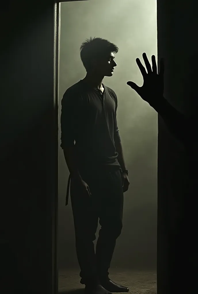 Aditya stands paralyzed, unable to move, as the shadowy hand reaches out from the mirror. His expression is one of sheer terror, his body slightly leaning backward as if trying to escape, but unable to look away."