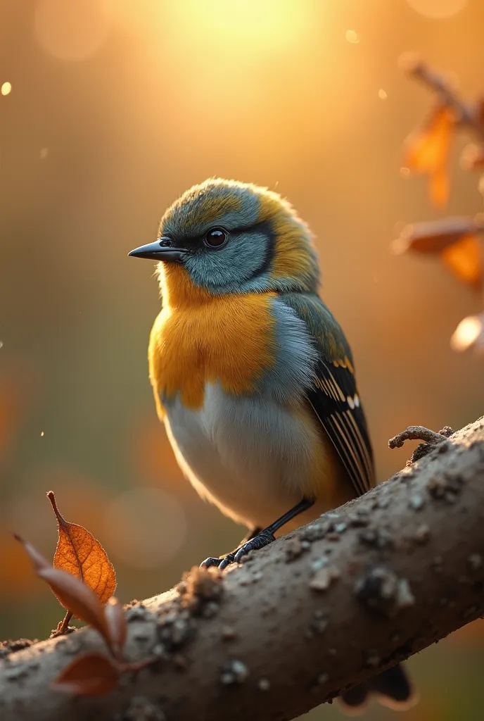 A mesmerizing close-up portrait of a gorgeous little bird illuminated by the soft, golden light of a tranquil morning, with vibrant bokeh balls gently framing its delicate form.