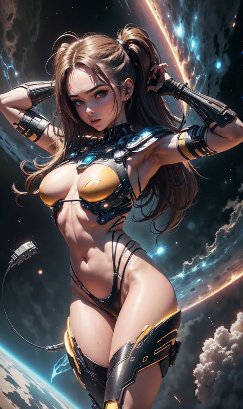 8k,  Height_quality, melhor quality, adult, armpits, adult, until_Waist,  brown, ,Long_CABELO  brown E LONGO_USANDO UMA FIOS THONG, Cyber ,  space armor , FIOS THONG, ALIEN SCENERY,  yellow lighting