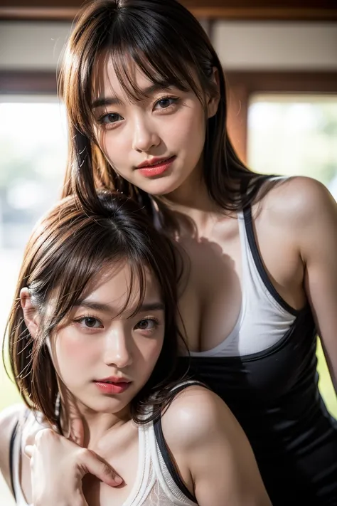 ( most detailed face ), (((2 women))), laugh, ( perfect fit, Tank top), (huge boobs going to school), black hair, detailed eyes, (Girl grabbing a girl's chest from behind:1.4), chest compression, (8k, top quality, 걸작), ( realistic, photo- realistic), intri...