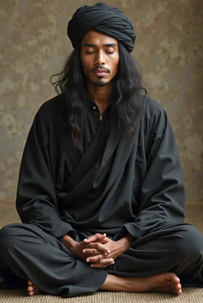 Indonesian sufi young man saint full body  long black hair wear a black shawl and black islamic turban sitting meditation on the floor 