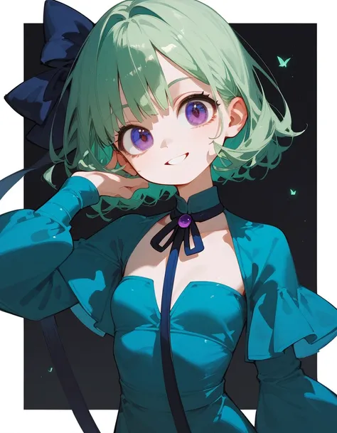 girl,, old green hair, in purple eyes,slim, Open Shoulder Dress,Large Long Sleeve, small breasts,smile,Blue Long Ribbon,Big eyes,Pointed eyes , black eye border ,The joker,