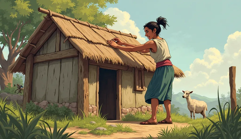 Create an image of a woman placing a roof over the hut,  for a ren's book 