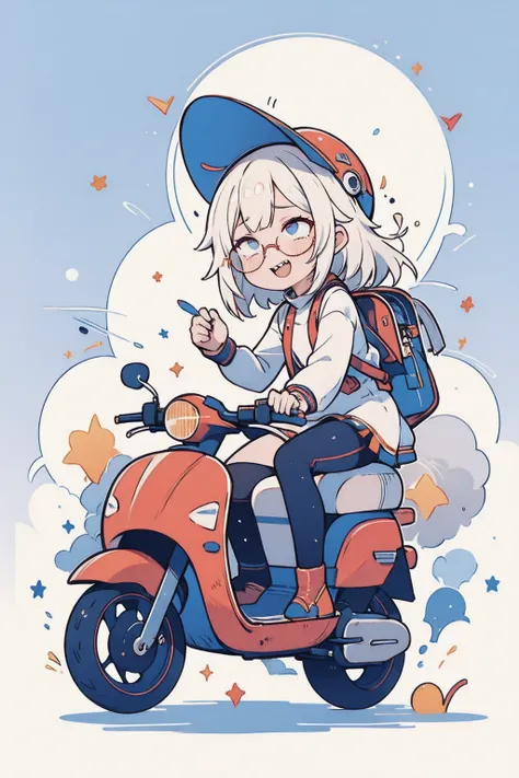 best quality, bad girl riding a scooter,  helmet, Bad Look，Glasses，sharp teeth, clenched teeth, closed mouth, gritted teeth,