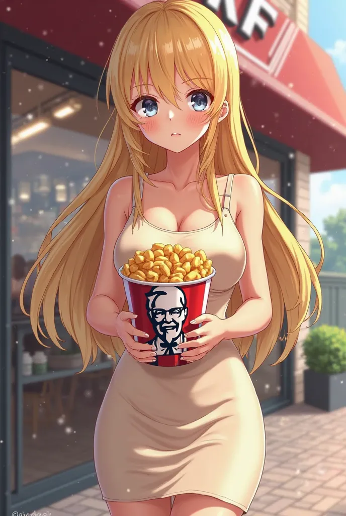 A  tsundere anime girl with long yellow hair and grey eyes, wearing a cream-colored dress,make the girl look  and sexy,perfect body,she is holding KFC Bucket Infront the KFC shop, she looked so scared and 