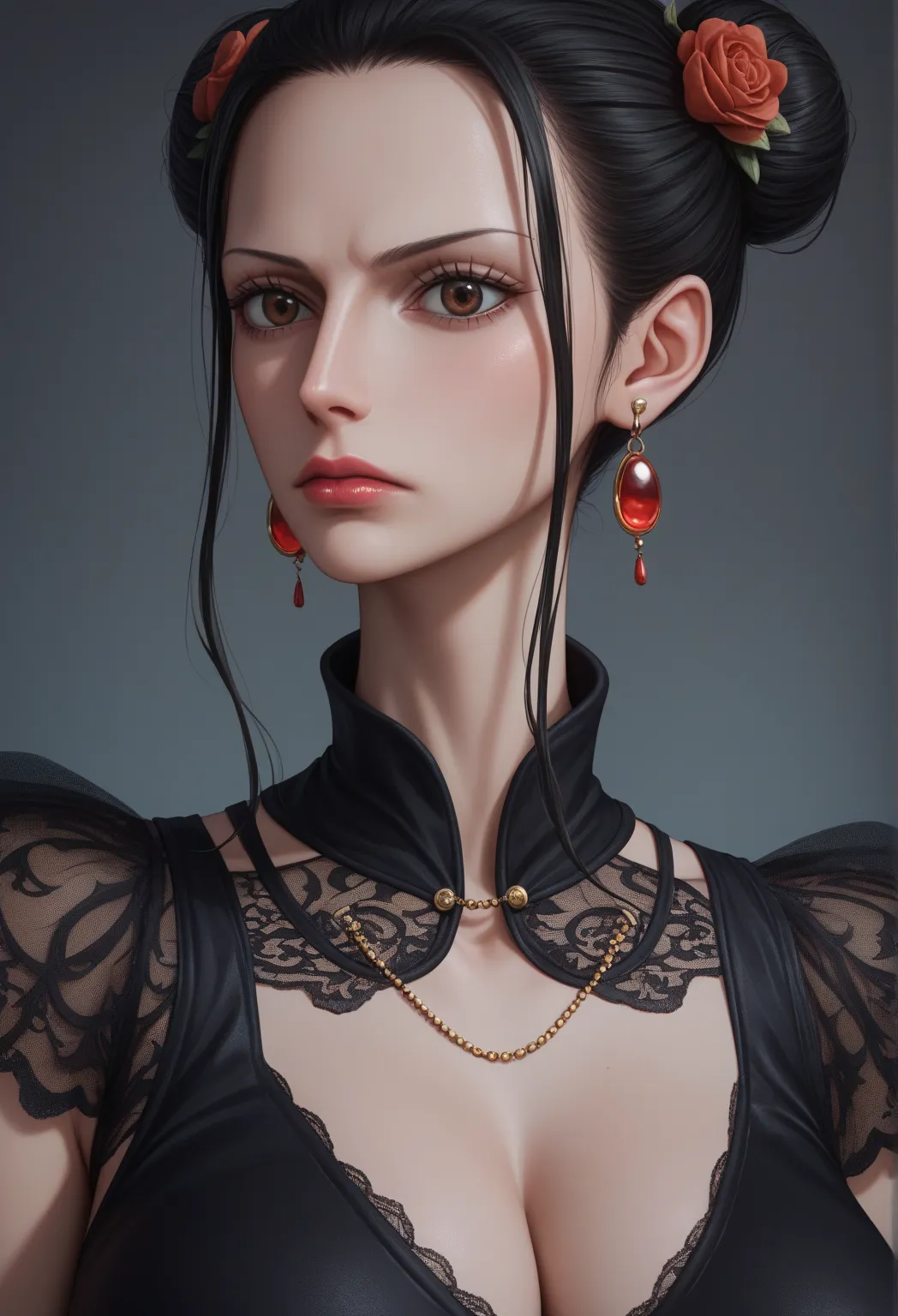 (Masterpiece, 8k quality, extremely detailed), nico robin, 1girl, black_hair, hair_buns, elaborate_hair_ornaments, black_chinese_dress, gold_details, high_collar, gothic_style, pale_skin, dark_red_lipstick, earrings, brown_eyes, serious_expression, front_v...