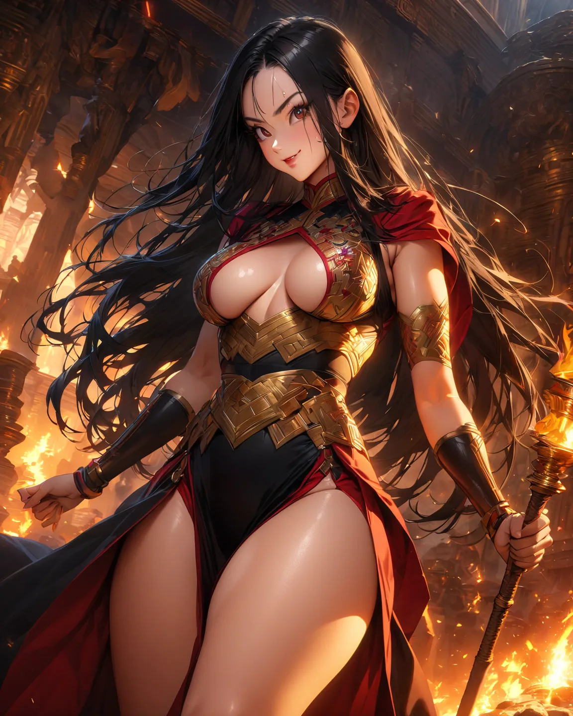 Masterpiece, ultra-high quality. Chi-Chi from Dragon Ball, standing confidently inside the grand Ox-Satan Palace, illuminated by the flickering glow of torches. She wears an ultra-tight, deep-cut battle outfit, a modified version of her traditional dress, ...