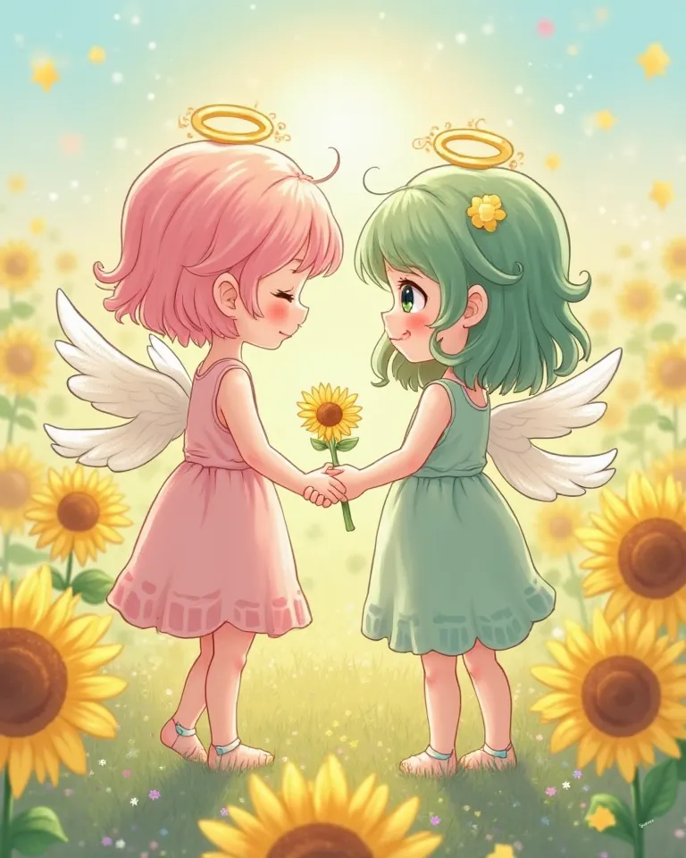  cartoon style 。god々like。pink hair color is a shortcut hairstyle。cute little angel。and、forest green hairstyle is a shortcut。メガネのcute little angel。 holding hands。I'm holding a sunflower in my hand。 glitter