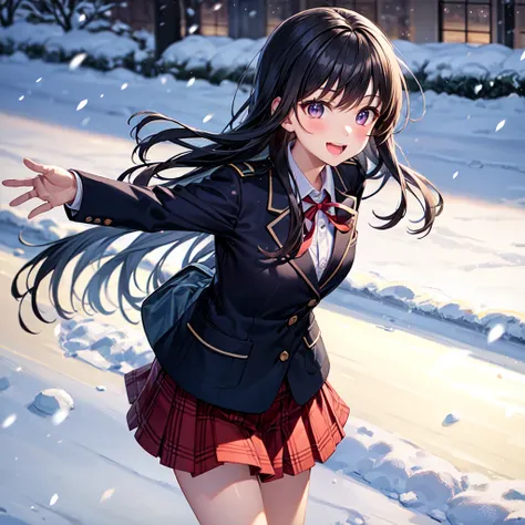 A long-haired high school girl with blackish blue hair and purple eyes, wearing a sailor uniform with a navy blazer, red skirt, and a red ribbon, is walking to school on a snowy morning. She has a joyful smile on her face as the snowflakes gently fall arou...