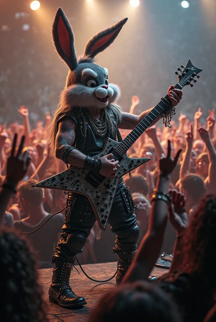 take a photo of Bugs Bunny as a male metal guitarist with a large audience behind him