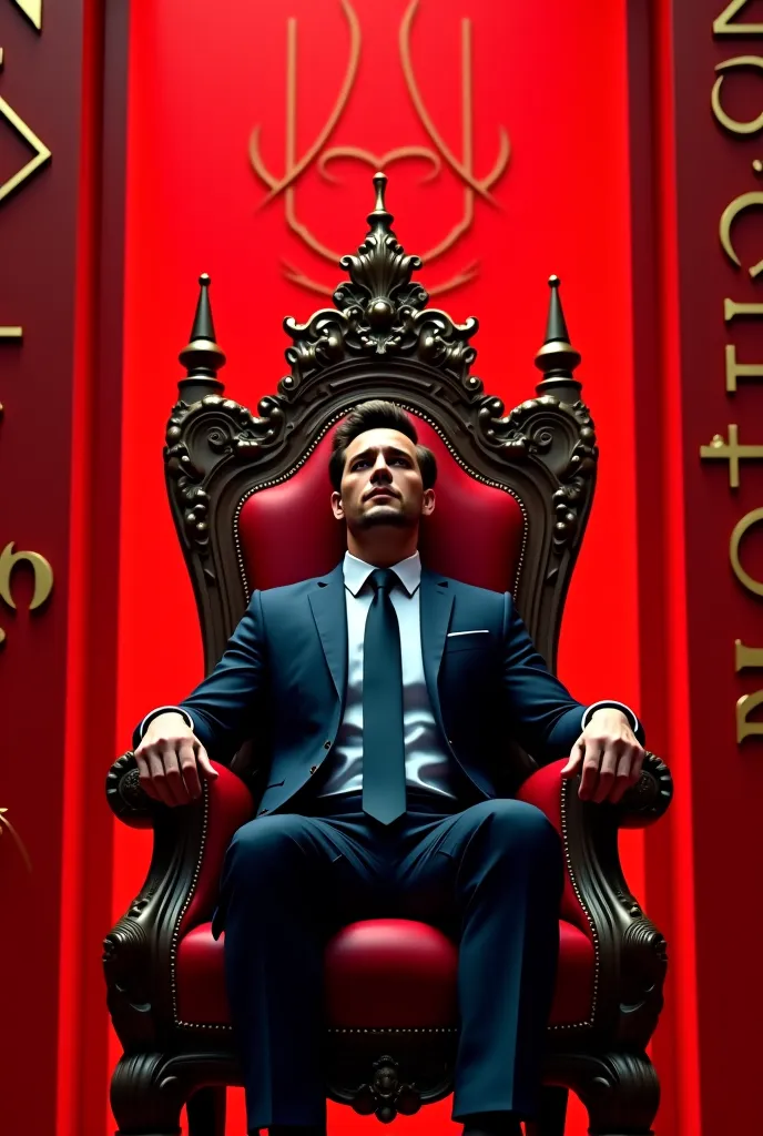 Have a man in a suit sitting on a throne with a red background and Captan written on the wall of the oada 