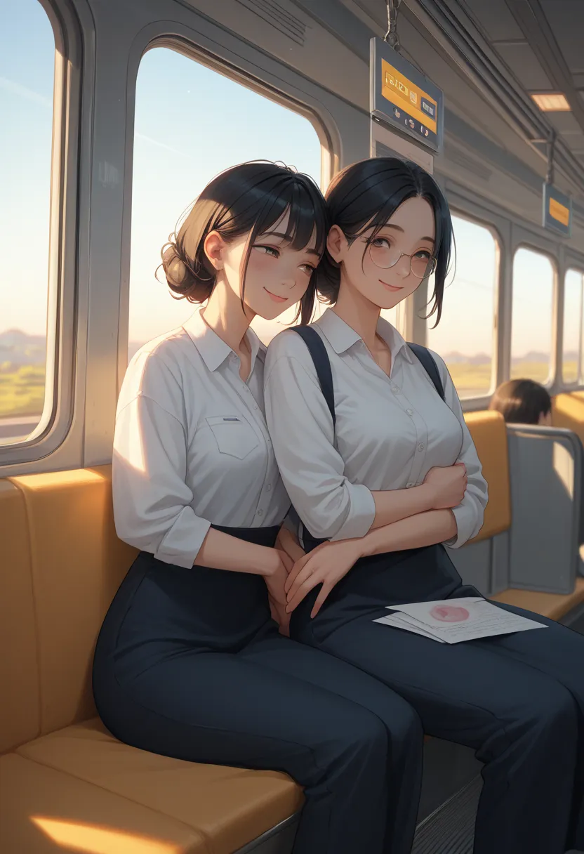 "A long, black-haired office worker is sitting on the train seat. She looks at the lover sitting next to her with a warm heart,  Affectionate Smile . The painting is drawn from the perspective of her lover, Capturing her bright and loving gaze. Sunlight po...