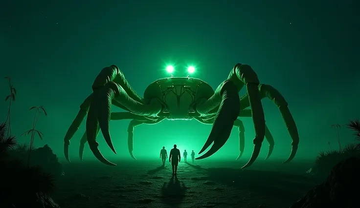 In cinematic 3d realistic style "a green colour glowing a very big size giant crab in the village.in night.glowing eyes of crab, very realistic.many peoples running due to scared from the crab.very very realistic 