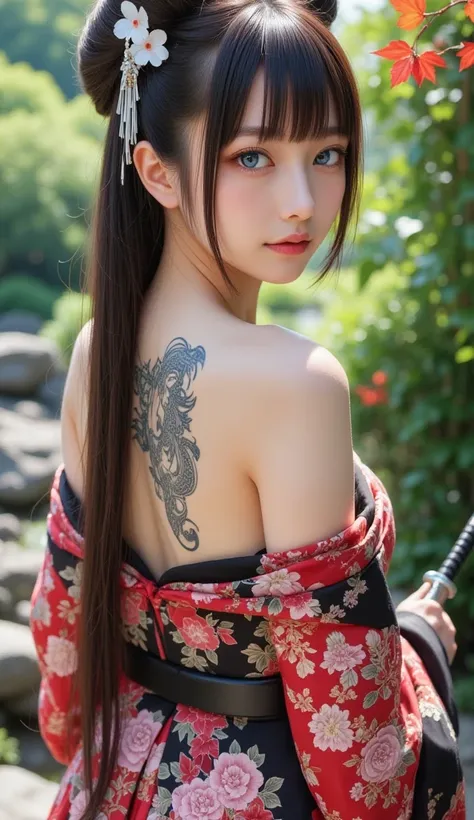 masterpiece, Best Quality, Best Quality, official art, beautiful and artistic:1.2),1 girl, tattoo, alone,  kimono, red and black  kimono, hair ornaments close to the garden, unsheathing,   black hair, sheath, back tattoo, dragon tattoo, blue eyes, Off Shou...