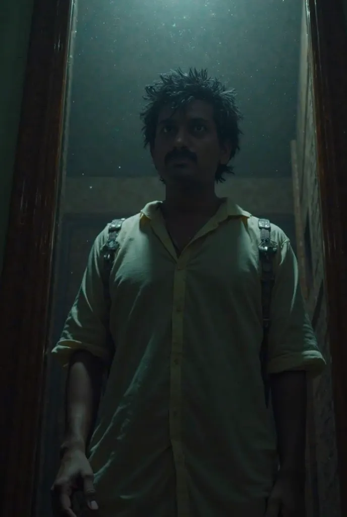 "A horrifying moment where Aditya's reflection is now outside the mirror, standing behind him while he still looks into the glass. The real Aditya, trapped inside the mirror, bangs on the surface in silent terror as the scene fades to black."

