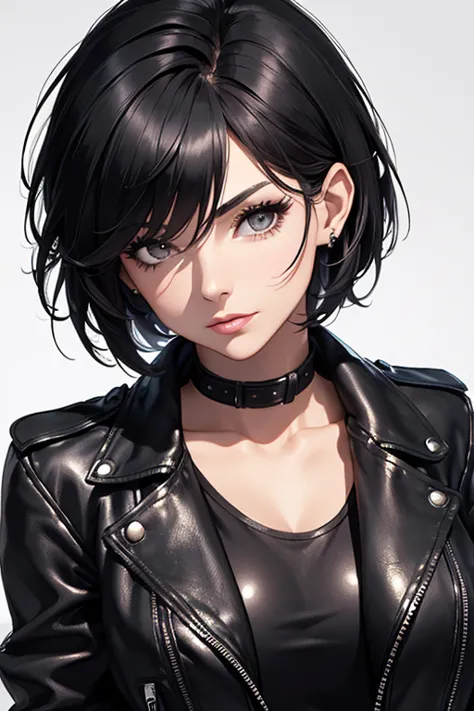                     a beautiful woman  , age group 30 years ,           with short black Pixie-style hair,     open in front    ,  black eyes combining black Bomber leather jacket with low-cut blouse and choker, Looking ahead   ((1.2)) ((  pretty face)) ((...