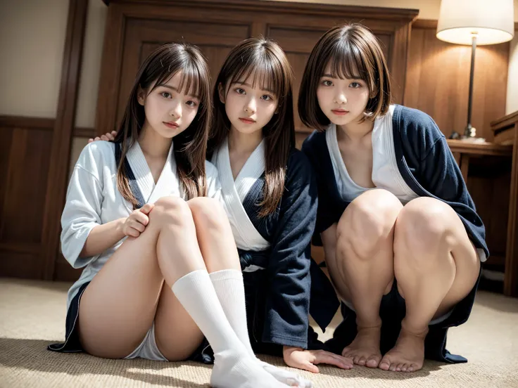 masterpiece, best quality, illustration, Super detailed, fine details, High resolution, 8K,wall paper, perfect dynamic composition,(Details High quality, realistic depiction of eyes:1.3), (3 girls), sitting on floor, seiza, bend legs, put hands on knees, c...